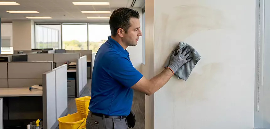 Technician wiping soot residue from a wall during smoke damage cleaning